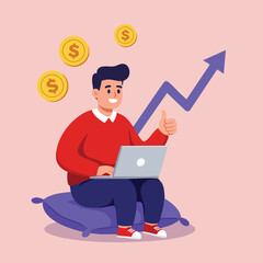 Poster - Man working on laptop with rising profit graph and gold coins vector illustration for business success and financial growth concept 
