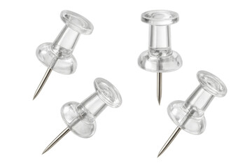 Poster - Transparent plastic push pins with metallic needles lying flat on clean surface, ideal for paperwork and personal organization