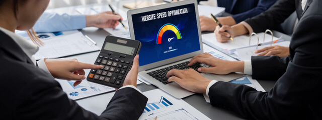 Poster - Business intelligence and data analysis concept. Analyst team working on financial data analysis dashboard on laptop screen as marketing indication for effective business strategic planning. Insight