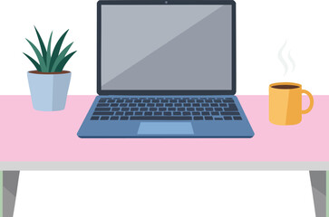 Poster - Laptop on pink table with coffee cup and potted plant workspace vector illustration 