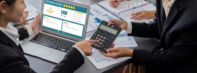 Poster - Business intelligence and data analysis concept. Analyst team working on financial data analysis dashboard on laptop screen as marketing indication for effective business strategic planning. Insight