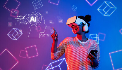 Poster - A young woman joyfully engages with virtual reality technology, exploring the vast possibilities of artificial intelligence in a vibrant digital environment filled with dynamic graphics. XDMCP