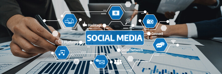 Poster - Explore a dynamic workspace showcasing social media marketing strategies with analytics, emphasizing collaboration and innovative approaches to digital engagement and growth. Amity