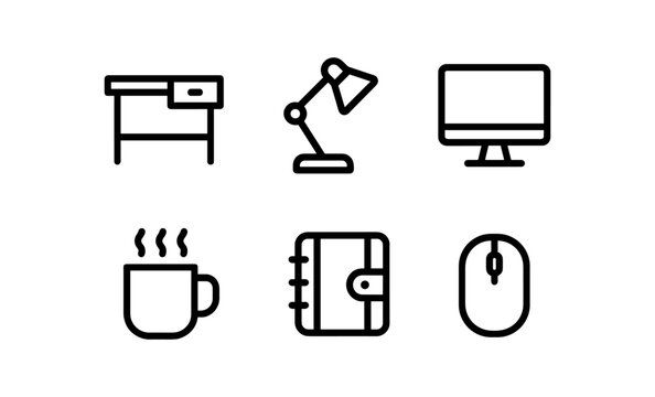 Minimalist office icons set featuring desk, lamp, and computer monitor
