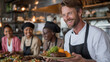 © Gold - A chef proudly serving a meal to a happy customer, people in society, photo style