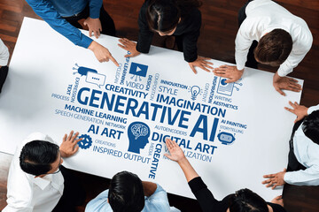 Poster - A group of diverse individuals collaborates around a table, engaged in a generative AI project that fosters creativity and innovation in digital art and storytelling techniques. Amity