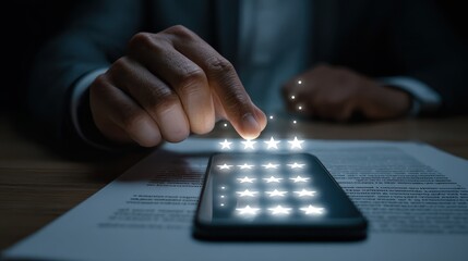 Poster - Person touches a phone with glowing document and star rating