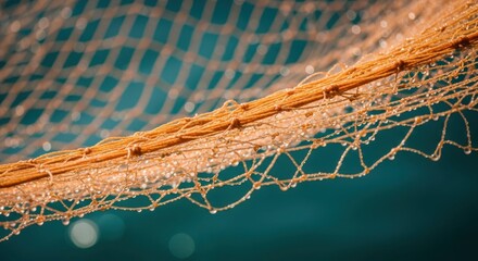 Fishing net covered in water droplets glistens in the morning light