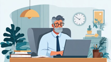 Poster - Mature business man executive manager looking at laptop computer watching online webinar training or having virtual meeting video conference taking notes, doing market research working in office., no