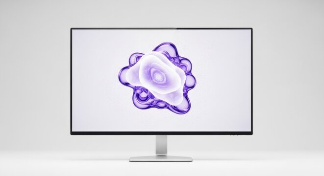 A vibrant purple abstract fluid shape displayed on a modern computer monitor