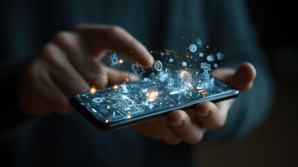 Poster - Person holding smartphone with holographic digital interface displaying artificial intelligence and technology icons in a dark setting