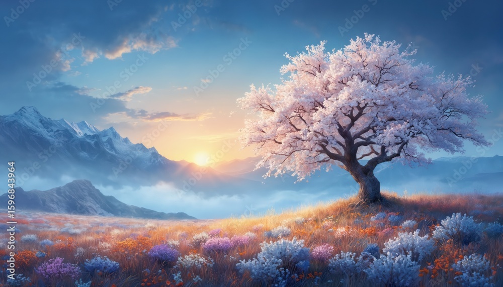 Serene landscape at sunset with large tree featuring white flowers ...