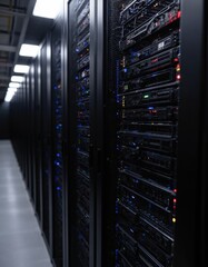 Poster - Vast server room with black servers housing various components. Orderly arranged rows with complex network of wires, cables. Largest server tower in center, surrounded by smaller racks extending into