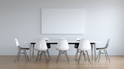 Poster - Modern meeting office with blank white wall, table and chairs. Workplace and lifestyle concept. 3D Rendering, no logos, no brands