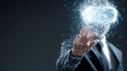 Poster - business, people, future technology, virtual reality and cyberspace concept - close up of businessman in suit working with network hologram over dark background, no logos, no brands