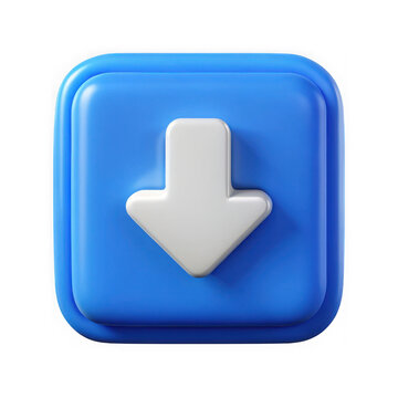 3d blue square icon with white downward arrow isolated on transparent background
