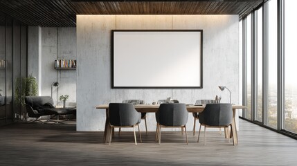 Poster - Modern office room with meeting table with empty poster and blank wall. Workplace and presentation concept. Mock up. 3D Rendering, no logos, no brands