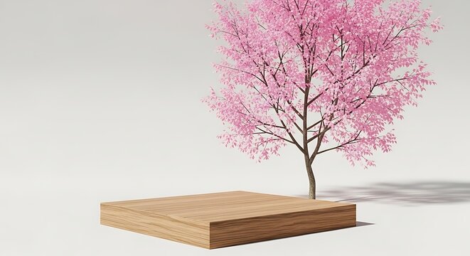 Minimalist product display with wooden platform and lovely pink tree, perfect for cosmetic presentation.