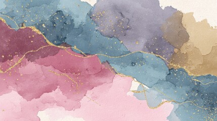 Poster - Watercolor art background vector. Wallpaper design with paint brush and gold line art. Earth tone blue, pink, ivory, beige watercolor Illustration for prints, wall art, cover and invitation cards., n
