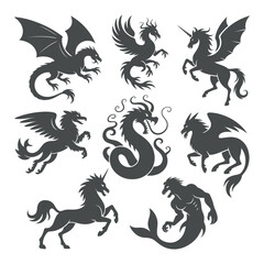 Poster - Mythical Creatures Silhouettes Collection Vector Art: Dragons, Griffins, Unicorns, and More in Striking Black and White Designs for Creative Projects and Designs