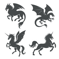 Poster - Mythical Creatures Silhouettes Vector Set: Dragons, Unicorns, and More in Striking Designs for Creative Projects, Designs, and Artistic Endeavors on White