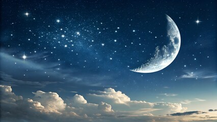 Dark sky with a full moon and stars peeking through the clouds, casting a soft light over the night landscape