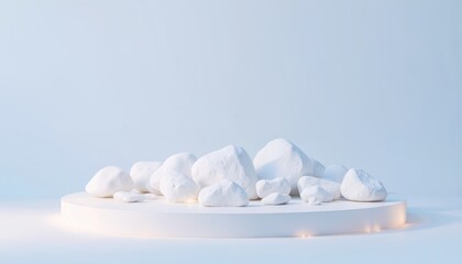Poster - White rocks in perfect circle on minimalist platform. Warm, subtle light creates clean, elegant composition. Gray background emphasizes circular arrangement of stones.
