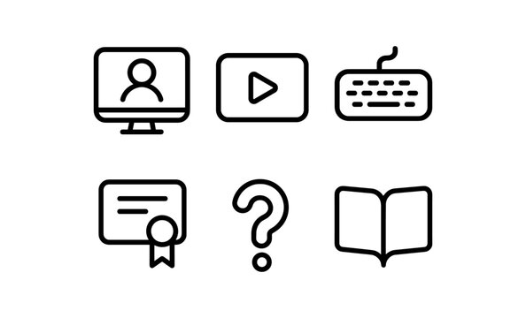 Minimalist icons: computer, play button, keyboard, certificate, question mark, book