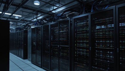 Poster - Server room with rows of computer cabinets. Light switches on cabinets. Central desk. Ceiling with pipes. Large window offering view of outside. Busy server environment with active, well-maintained
