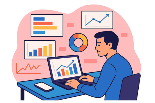 A landing page for data analysis services features an isometric IT team working with various analytics services surrounded by charts and graphics, illustrating the concept of big data analysis in a
