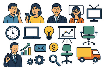 Poster - A collection of contemporary flat design icons depicting people, encompassing various concepts such as delivery, online banking, communication, project development, business management, Internet