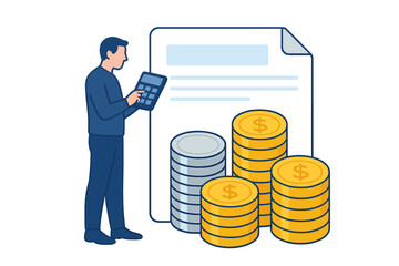 Poster - Vector illustration of creating a company income and expense account, checking accounting documents, and the role of the Accounting Department and budget specialist in recording financial information