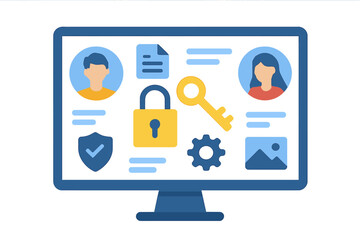 Fototapete - Internet Security is represented by a vector illustration on a white background, depicting a monitor and phone with a shield and lock, emphasizing user personal data protection and safety