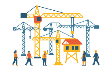 Fototapete - A tower crane is used in the construction of a building, symbolizing the concept of the building industry through an infographic