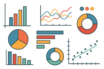 Poster - Vector illustration representing data visualization concept, featuring an assortment of vibrant bar, line, pie, and pyramid graphs on a white background