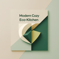 Aufkleber - Geometric shapes in shades of green and cream on a square surface with curved elements and text overlay