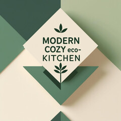 Poster - Illustration of a modern cozy eco kitchen design with leaves and geometric shapes in muted tones