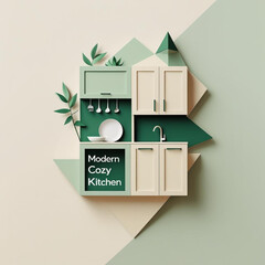 Aufkleber - Interior scene showcasing a stylized kitchen setup with foliage and geometric shapes in muted tones