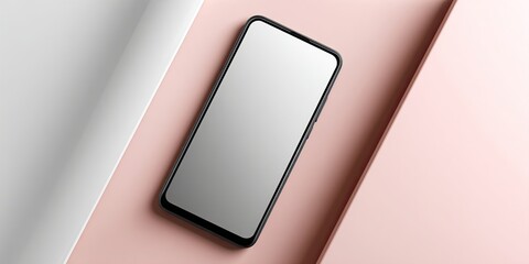 flat lay of a smartphone on a clean surface with shadows, editable screen interface placeholder, minimal tech presentation layout