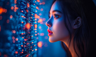 Poster - Young woman closely observing vibrant digital data streams on futuristic LED screen in blue and orange glowing light technology interface concept