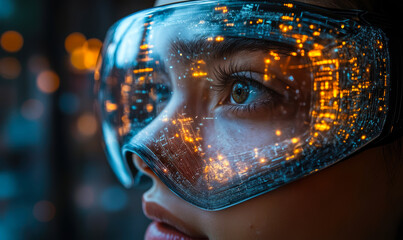 Poster - Close up of person wearing futuristic augmented reality goggles with glowing digital cityscape reflections on lenses and intense focused gaze at night