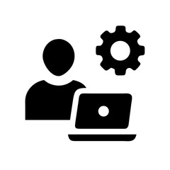 Poster - Business process automation specialist working on laptop with gear icon for configuration setup