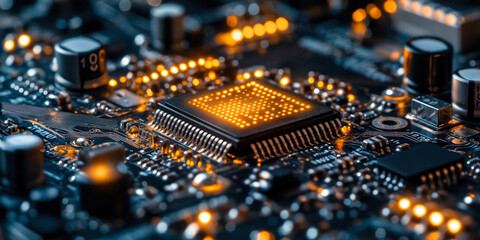 Poster - Close-up of illuminated microchip on circuit board with glowing orange lights and electronic components detail macro technology background