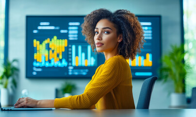 Poster - Businesswoman analyzing digital charts and data visualizations on large screen in modern office environment for strategic decision making and data analytics