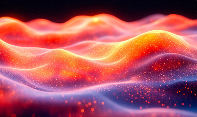 Poster - Abstract glowing waves digital art with vibrant red orange and purple particles floating in dark space background futuristic landscape design concept for technology and science visualization