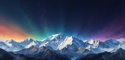 Fototapete - Mountain range under starry blue sky with dark peaks. White mountains touch the sky dotted with twinkling stars. Cool shades of blue and white dominate the scene.