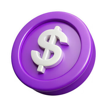 A 3d rendering of a purple coin with a white dollar sign symbol isolated on transparent background
