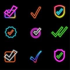 Fototapete - Cell phone check mark 3d icon vector graphic,neon style. check mark confirm status mobile phone illustration, smartphone check box approved successful update completed, full image verified