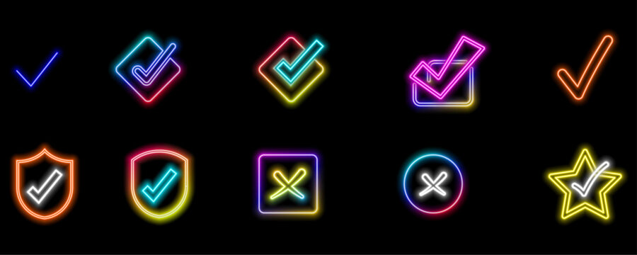Check mark icon set. neon style. Check and confirm. Checkmarks for agreement, vote, confirmation, choice. Vector illustration.