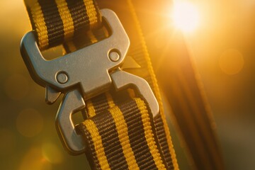 Poster - Close-Up of Metallic Clip on Black and Yellow Strap with Sunset Bokeh Background